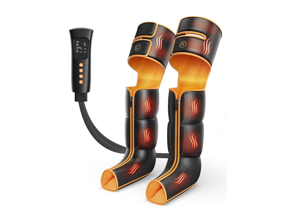 Pair of full-length leg wraps with orange panels connected by a hose to a wired handheld controller