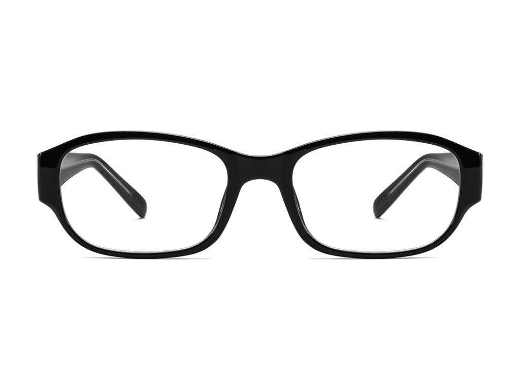 Front view of glossy black rounded-rectangle glasses with clear lenses