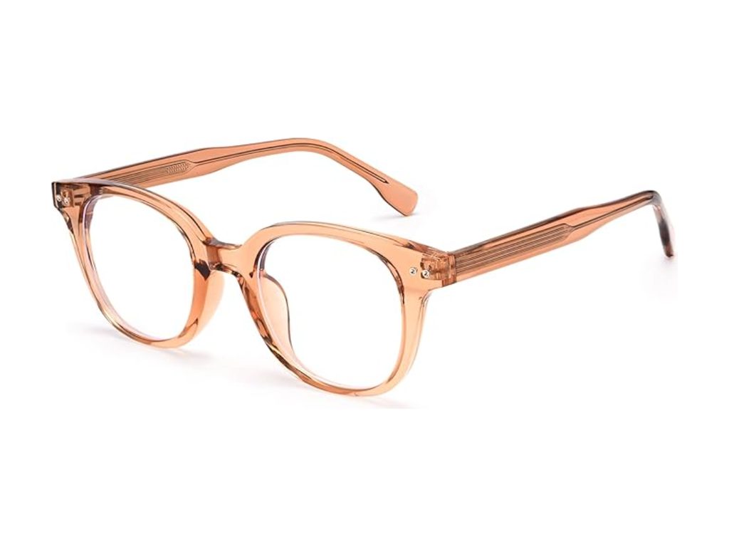 Round-shaped glasses with a translucent blush-peach frame and clear lenses