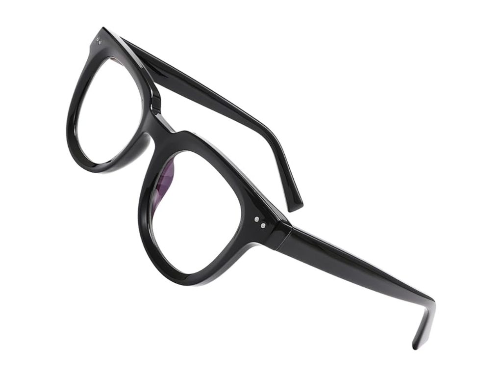 Thick glossy black square glasses with two small rivets at the hinge and clear lenses