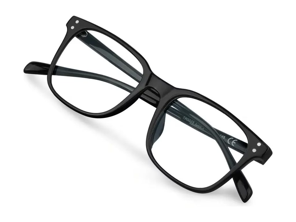 Black square-framed glasses with clear lenses, shown folded at an angle