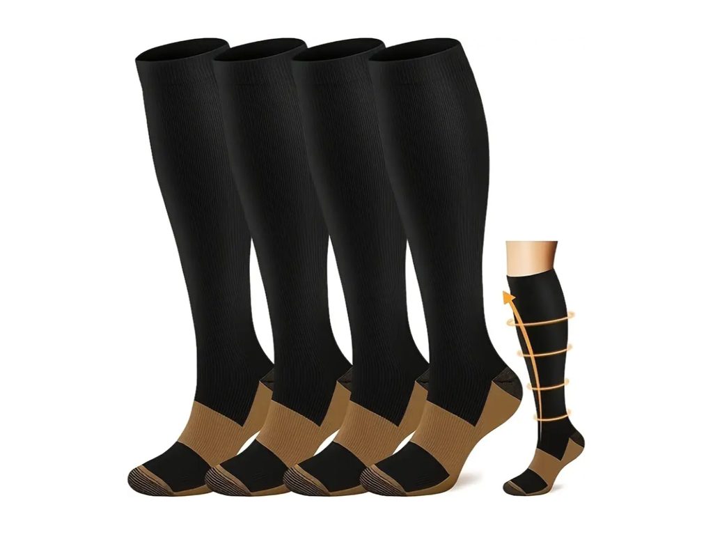 Four black knee-high socks with a copper-tone heel and toe, shown beside a small image of a socked leg