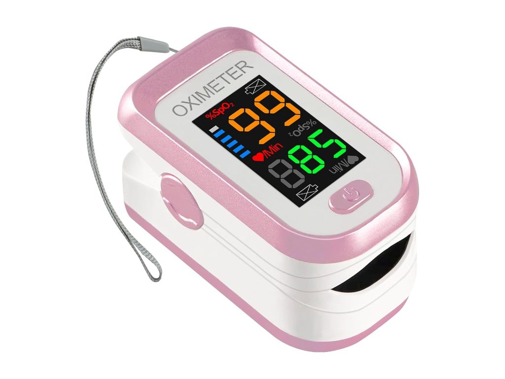 Fingertip pulse oximeter in white and blush pink with a colour LED display and a wrist lanyard