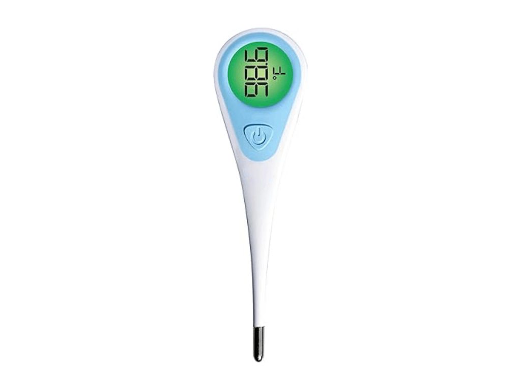 Blue and white digital stick thermometer with a flexible tip and a green backlit display showing 98.6 degrees Fahrenheit
