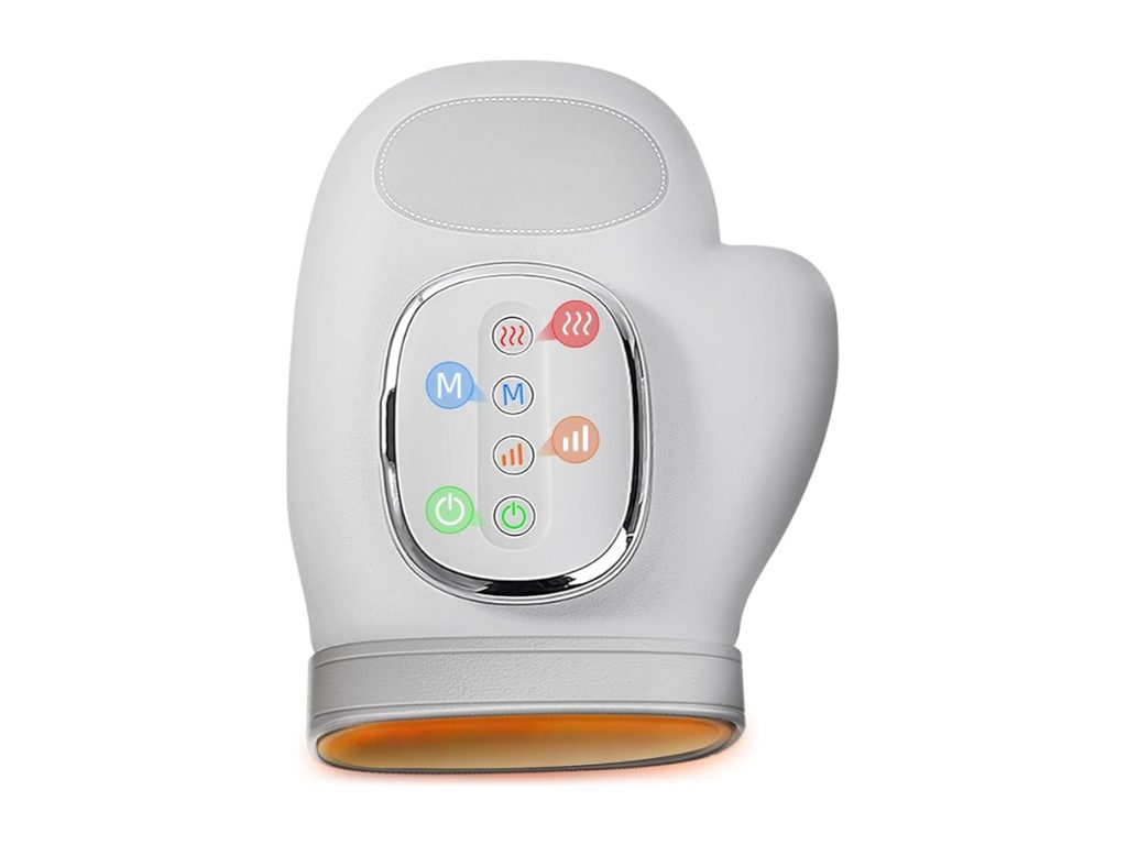 Grey and white mitt-shaped hand massager with a control panel on the back