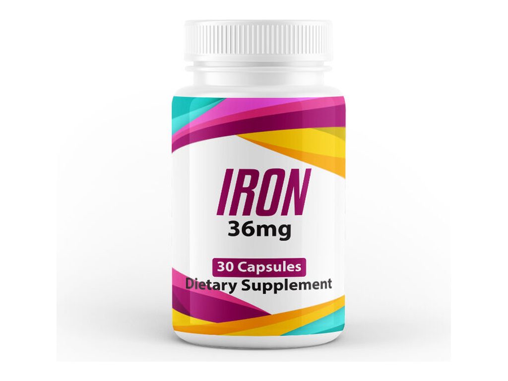 White supplement bottle with a colourful label reading Iron 36mg, 30 capsules, dietary supplement