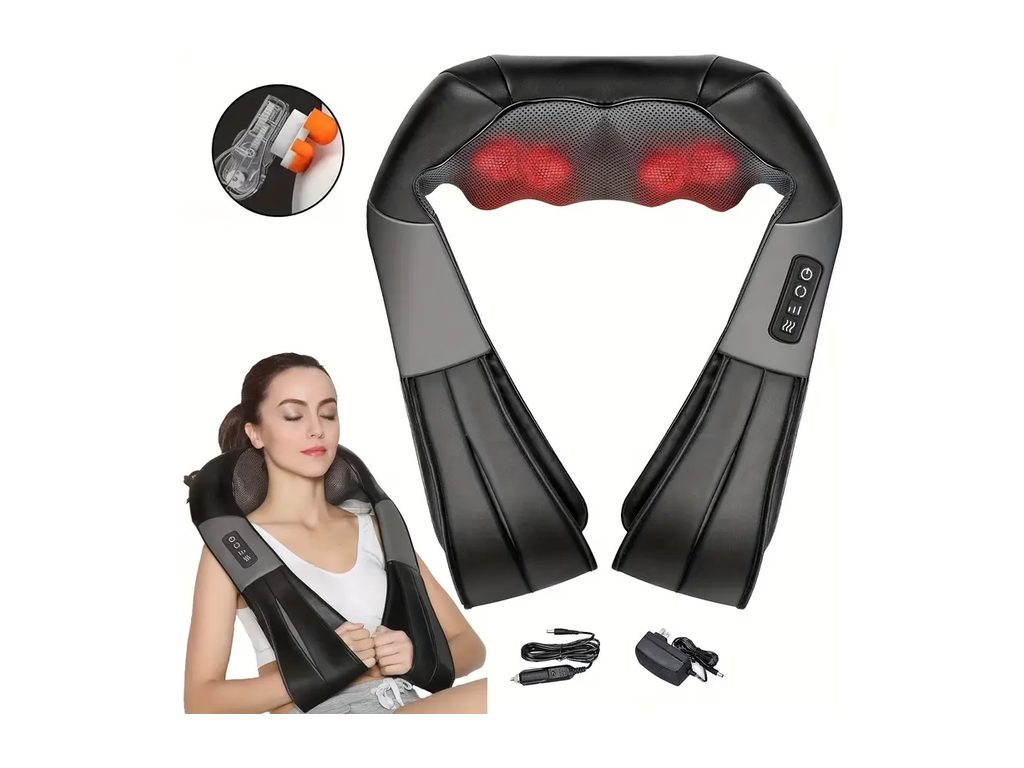 Grey and black drape-over neck and shoulder massager with kneading nodes, shown with a wall plug and car adapter
