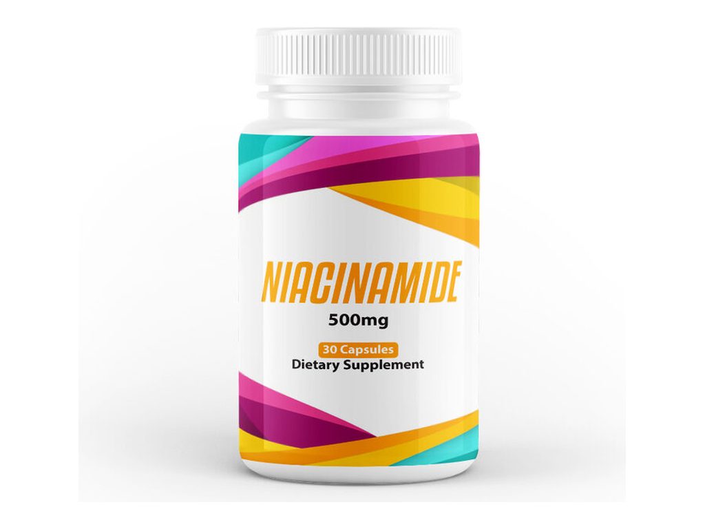 White supplement bottle with a colourful label reading Niacinamide 500mg, 30 capsules, dietary supplement