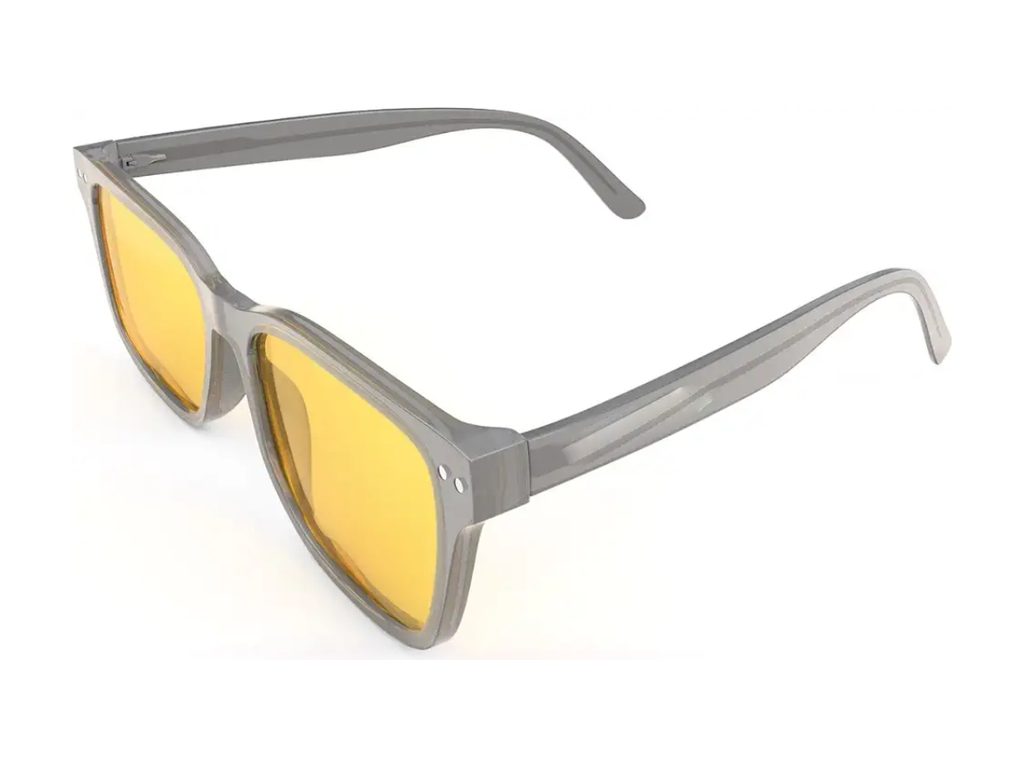 Oversized smoky-grey square glasses with amber-yellow tinted lenses