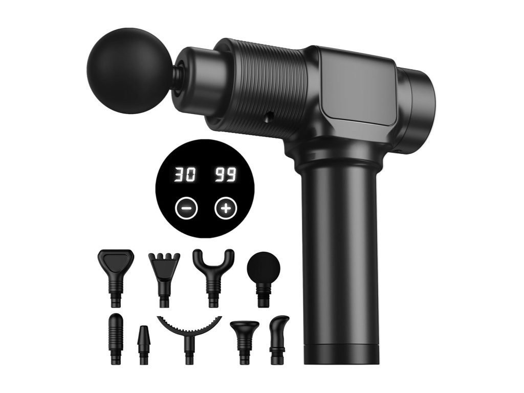 Black handheld percussion massage gun with a small touch display and nine interchangeable heads laid out beneath it