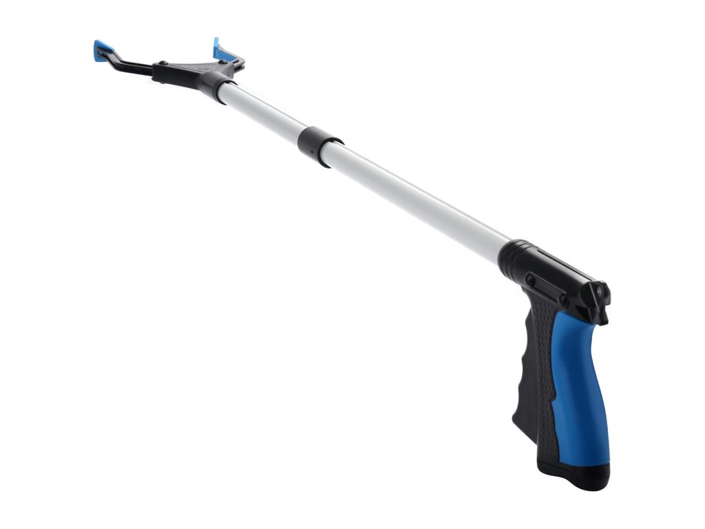 Long reaching tool with a blue and black pistol grip, a silver shaft and pincer jaws