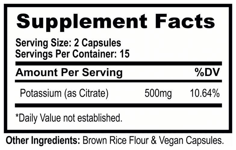 Supplement Facts panel for Potassium 500 mg Capsules, 30 Count