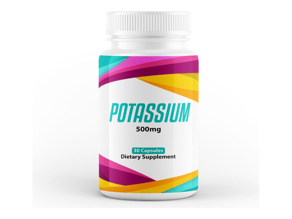 White supplement bottle with a colourful label reading Potassium 500mg, 30 capsules, dietary supplement