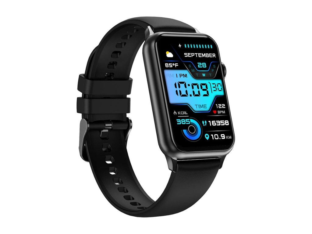 Black smartwatch with a square colour touchscreen showing the time, date, temperature and step count
