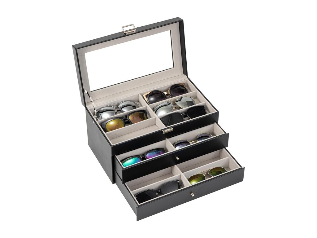 Black leather-look three-tier case with a clear lid and two drawers holding many pairs of glasses