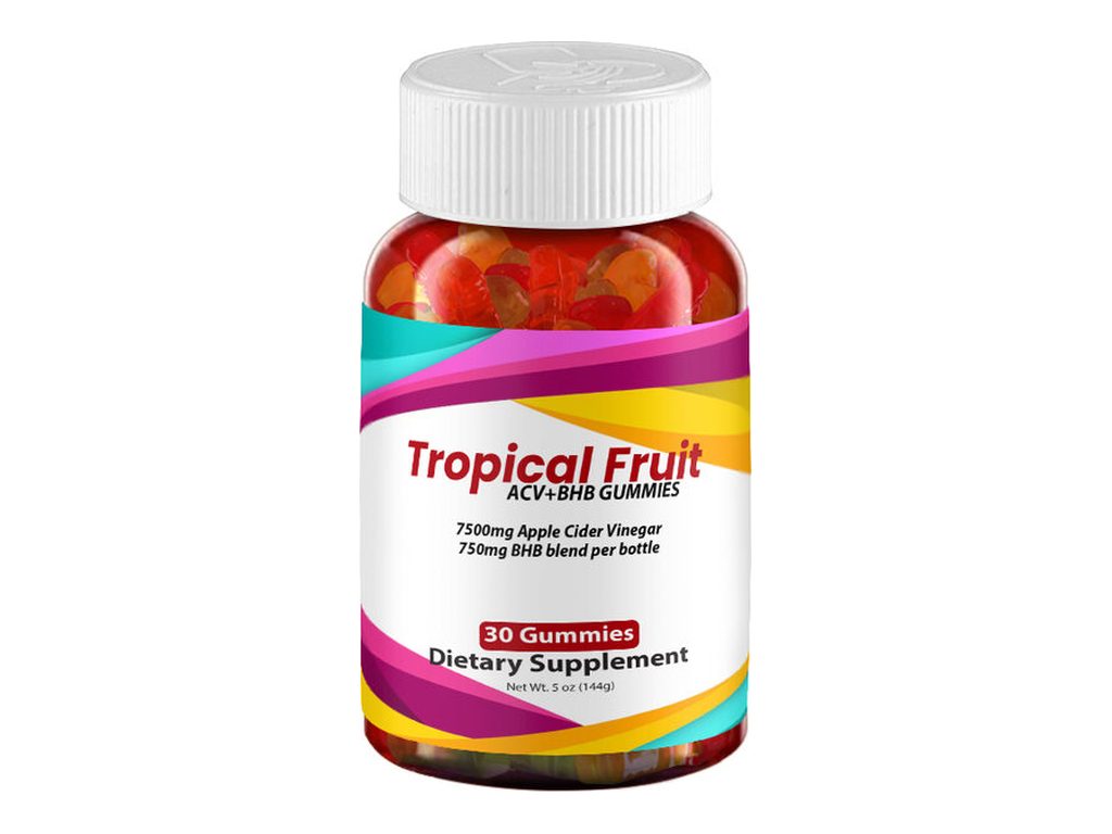 Amber supplement bottle of gummies with a colourful label reading Tropical Fruit ACV+BHB Gummies, 30 gummies, dietary supplement